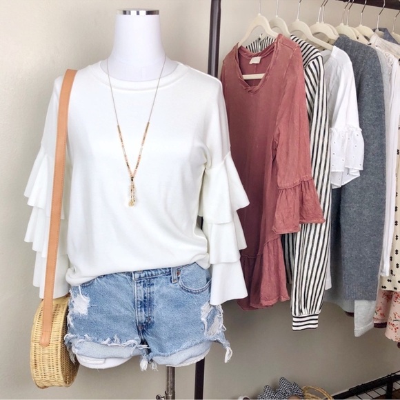 Anthropologie Leith White Knit Tiered Ruffle Sleeve Oversized‎ Top - Picture 4 of 8